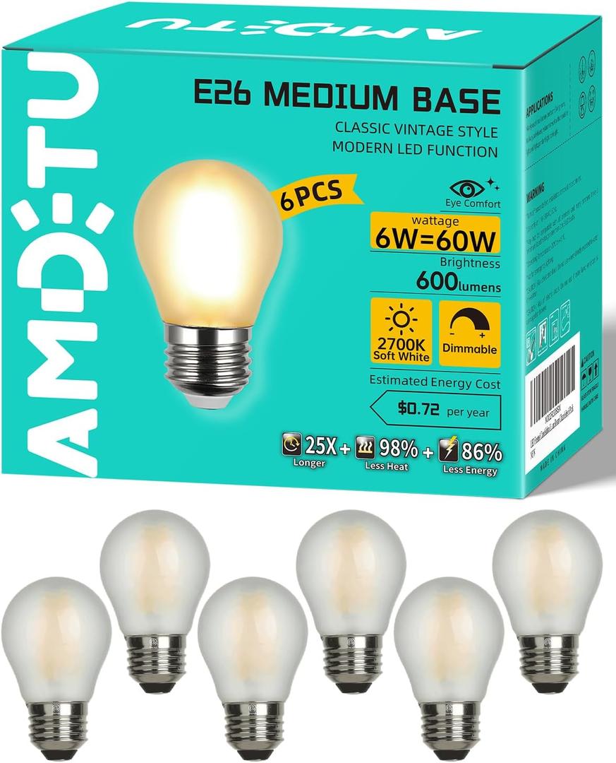 Vintage Edison LED Short Bulb 60W E26 Standard Base Dimmable G45 Small Globe 2700K Soft White 60watt Round Light Bulb Ideal for Home Lighting Fixtures Create Cozy Ambiance in Living Rooms and Bedrooms (6 Count (Pack of 1))