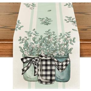 Artoid Mode Buffalo Plaid Eucalyptus Vases Summer Table Runner, Spring Kitchen Dining Table Decoration for Home Party Decor 13x72 Inch