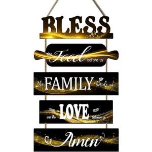 Bless the Food Before Us for Kitchen Signs Wall Decor, Black Gold Rustic Dining Room Decorations, Decorative Country Vertical Wood Signs Plaques, Inspirational Wall Art for Living Room Bedroom