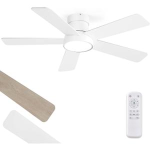 42 Inch Ceiling Fans with Lights and Remote,Outdoor Indoor Modern Flush Mount Ceiling Fan with 3CCT 6-Speed Quiet DC Motor,White Small Low Profile Ceiling Fan for Bedroom Living Room Office