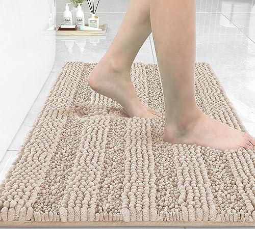 Yimobra Bathroom Rug Mat 24 x 17, Non Slip and Super Absorbent Bath Mat,Machine Washable Quick Dry,Ultra Plush Chenille Shower Rugs for Bathroom Floor Sink Tub and Shower Outside,Beige with Pink