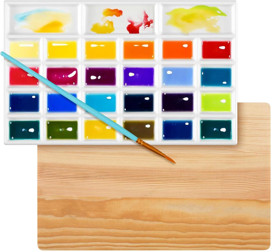 Honeydak Ceramic Watercolor Paint Palette with Wooden Lid 11x7 Inch Porcelain Mixing Tray with 24 Wells and 3 Large Wells Watercolor Palette for Gouache Acrylic Oil Painting