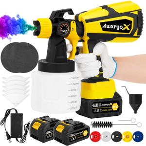 Upgrades Battery Paint Sprayer Cordless, Brushless Paint Gun with 2 x 4.0Ah Battery & 1200ml High Capacity 6 Nozzles, HVLP High Pressure Paint Gun for Furniture Cabinets Fence Wall Door Chairs