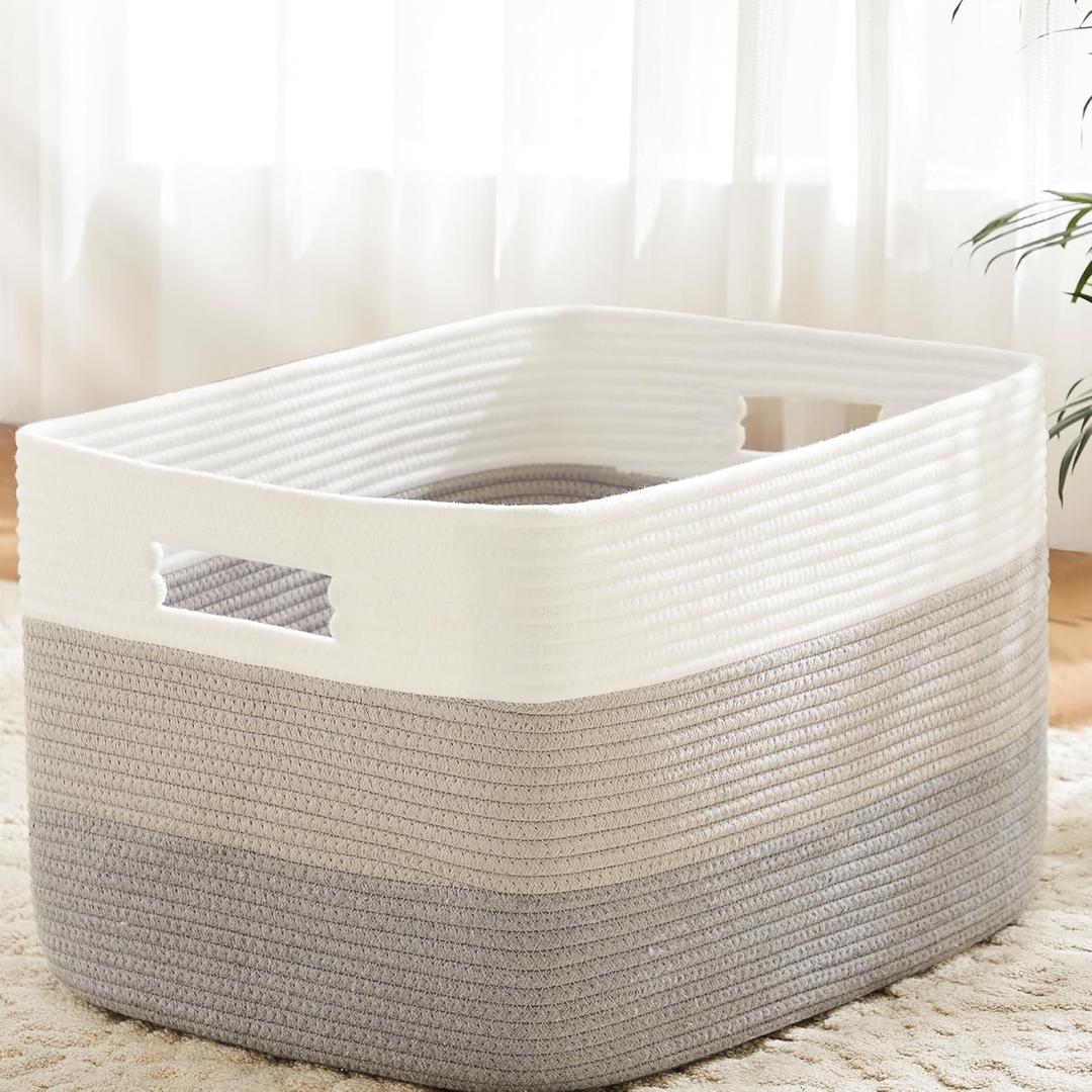 Blanket Basket,Rectangle Woven Baskets for Storage,30L Laundry Basket for Decorative Nursery Blanket,Toys,Dirty Clothes and Magazine in Shelves,Baby Room,and Living Room (Gray)