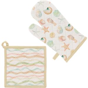 Boston International Cotton Pot Holder & Oven Mitt, Marine Life/Watercolor Wave, 7.5" and 8" x 13"