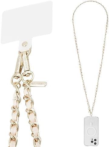 Case-Mate Crossbody Phone Lanyard [Works with All Phones] Hands-Free Strap - Leather Cell Phone Charm - Neck Chain Holder for iPhone 16 Pro Max /15 Pro Max /14/13/12/S25 Ultra - Gold Chain Tan Leather