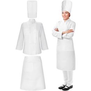 Hillban 3 Pcs Women Chef Coat Unisex Chef Jacket Uniform Tall Hat Costume Coat Shirt Bistro Apron Set (White, S)