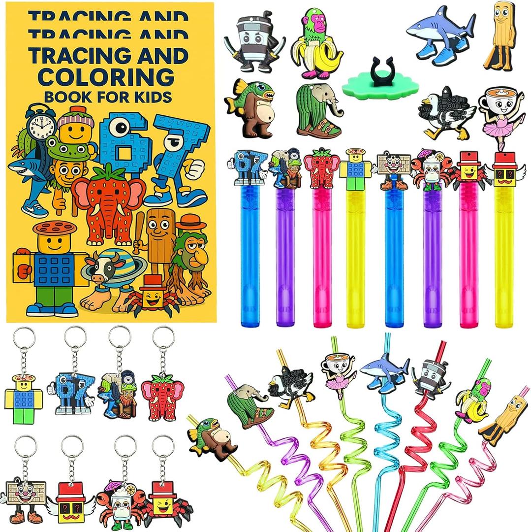 Brainrot Party Pack 40PCS Italian Brainrot Party Favors Set with Coloring & Tracing Books, Bubble Sticks, Spiral Straws, Keychains and Pencil Toppers