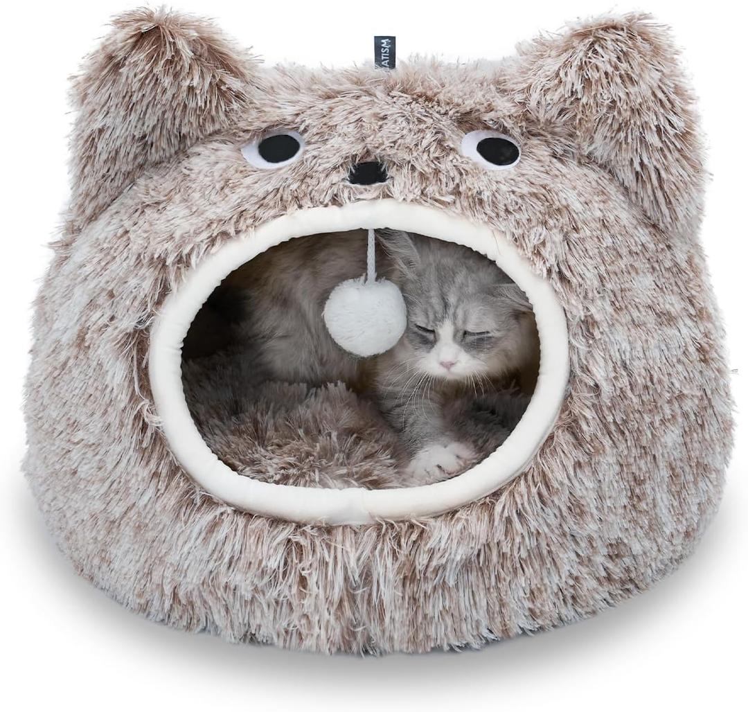 CATISM Cat Bed - Cat Beds for Indoor Cats, Soft Plush Cats Cave, Washable Cave with Toy Balls for Kitty and Small Animals (Large, Coffee)