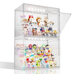 Clear Acrylic Display Case with Light for Figures/Collectibles, Figurine Display Shelf, LED Lighted Display Cases Collection Hobby Display Case for Miniatures, Purse, Handbag, Perfume, 2 Pack
