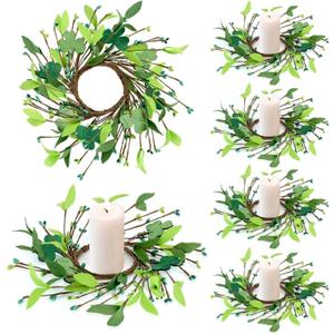 6 PCS St.Patrick's Day Candle Wreath Lucky Artificial Shamrocks Wreath for Front Door St Patrick's Day Kitchen Cabinet Wreaths Pillars Candle Wreaths for Lrish Home Porch Wall Window Decoration