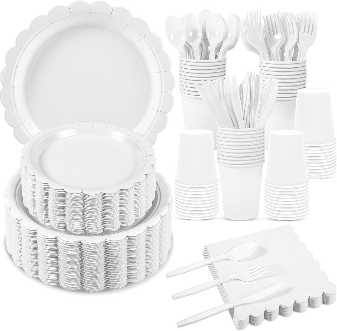 350 Pcs White Paper Plates and Napkins, 50 Guest White Party Supplies Include Scalloped Plates Paper Napkin Cup Plastic Spoon Fork Knive for Baby Shower, Wedding, Birthday