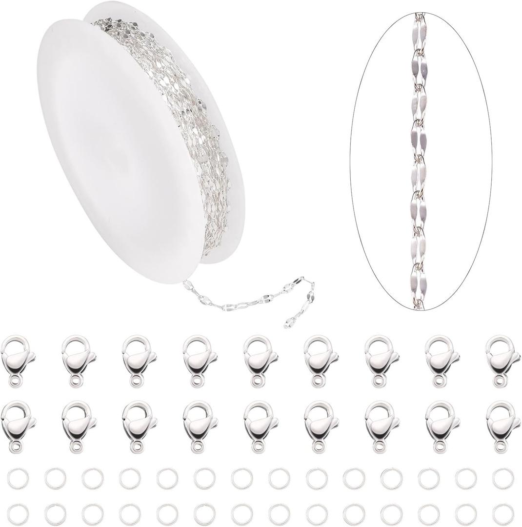 Pandahall 16.4 Feet Stainless Steel Chains Silver Dapped Chains Metal Silver Jewelry Chain Craft Necklace Chain for Jewelry Making with Jump Rings Lobster Clasps