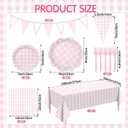 LemonRoad 102 Pcs Gingham Party Supplies Set Pink Checkered Disposable Paper Plates, Napkins, Forks, Tablecloth Banner for Xmas Picnic Pizza BBQ Dinner Birthday Wedding Party Decorations Serve 25