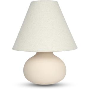11" Small Table Lamp  Handmade Round Ceramic Cream Base with Off-White Fabric Shade, Dimmable Plug-in Nightstand or Accent Light  Organic Boho Japandi Decor for Bedroom or Small Spaces