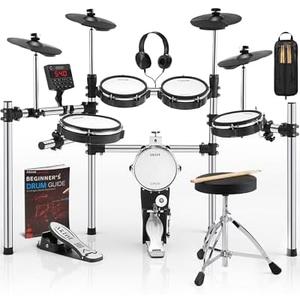 AKLOT Electric Drum Set with Kick-Tower: 4 Dual Zone Mesh Pads, 8’’ Tower-Style Kick Drum, 10’’ Snare, Dual Zone 10’’ Cymbals with Choke, 360 Sounds, User Kit, USB-MIDI, Throne, B-CORE 540 Air, Silver
