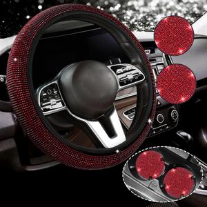 Red Steering Wheel Cover for Women Men Bling Bling Crystal Diamond Sparkling Universal Fit 14-15 Inch with 2PCS Anti Slip Crystal Rhinestone Car Coaster
