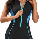 Tempt Me Women One Piece Boyleg Swimsuit Zip Up Racerback Bathing Suit with Shorts Athletic Sporty High Neck Swimwear (Black, S)