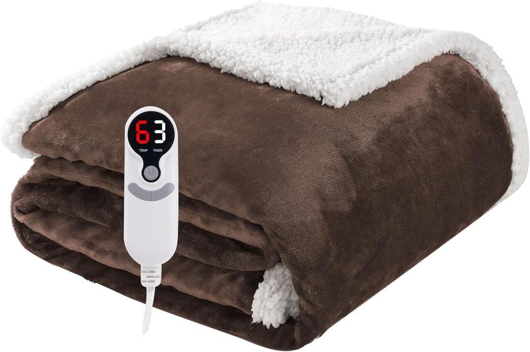 Electric Heated Blanket Throw Size 50"x60", Soft Flannel with Overheat Protection, 9 Adjustable Heat Settings & 10-Hour Auto-Off Timer, Fast Heating for Winter Comfort, Dark Brown