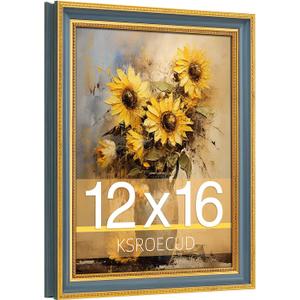 12x16 Picture Frame, HD Real Glass Ornate Vintage 12x16 Photo Frame, 12 by 16 Poster Frame with Gold Blue Texture Border Horizontal & Vertical Display for Tabletop or Wall Decor (1 Pack)