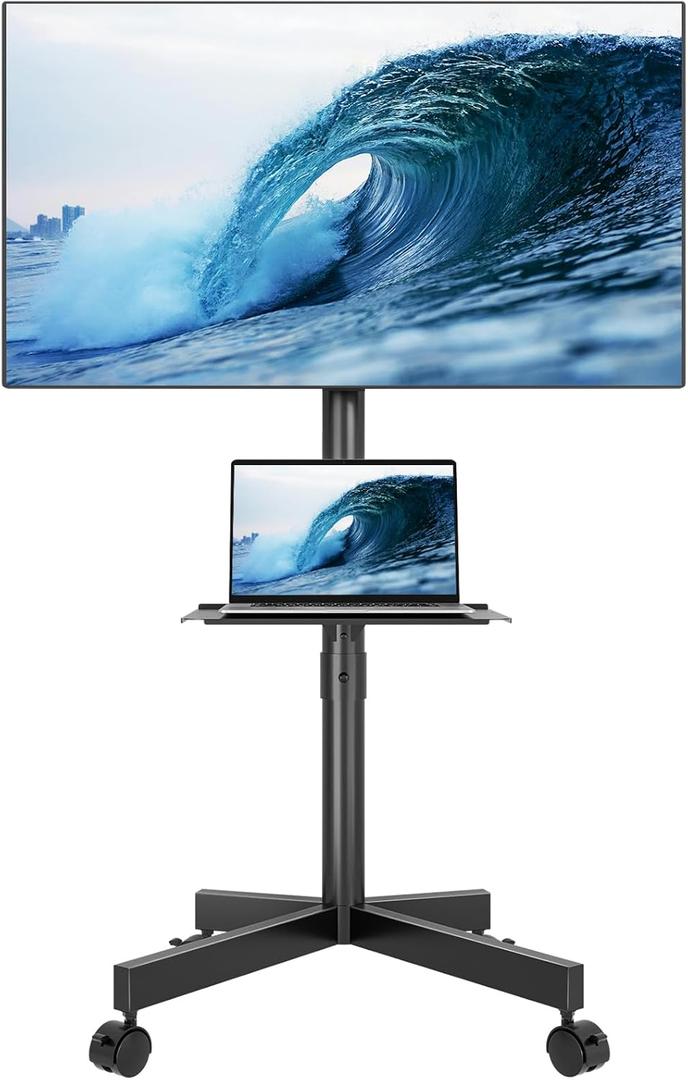BONTEC Mobile TV Stand for 23-60 Inch TVs, Rolling TV Stand with Locking Wheels, Adjustable Height, Media Shelf, Max VESA 400x400mm, Holds Up To 88 Lbs (Black)