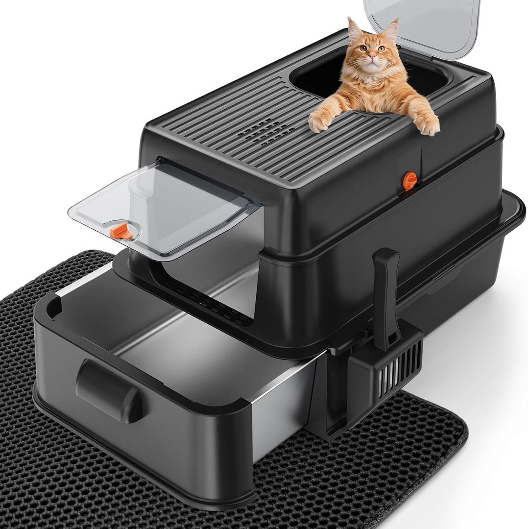FURTIME Stainless Steel Litter Box with Lid, XL Extra Large Cat Litter Box for Big Cats, Enclosed Drawer Metal Litter Boxs with High Sided, Include Scoop & Mat, Front & Top Entry, Odor Free, Non-Stick