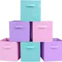 PowerKing Collapsible Storage Cubes with Handles, Fabric Foldable Bins for Closet Shelves, Durable Organization Storage Bins, 10.5'' x 11'' x 10.5'' (Lavender+Light Blue+Pink, 6Pack)