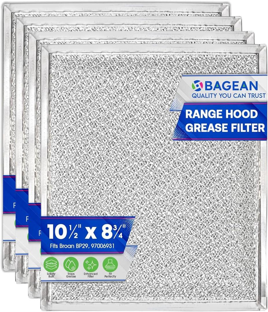 Bagean Stove Hood Vent Filter 10.5" x 8.75" 97006931 Compatible with Broan Range Hood Filter Replacement BP29 - Fit's Nutone Kitchen Exhaust Fan - Blocks Grease & Filters Over Oven Air (4-Pack)