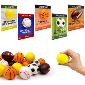 Sports Valentines Cards Gifts for Kids School Classroom - 24 Pack, Mini Foam Ball Toys with Exchange Cards for Toddler Boys Girls, Valentines Party Favors Goodie Bag Stuffer Class Prizes for Students