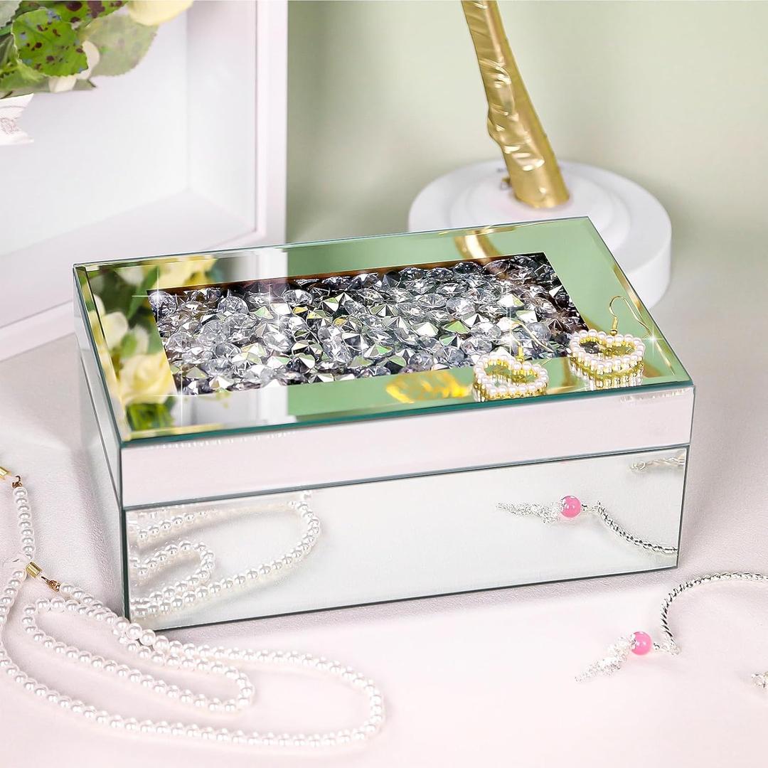 Luxury Mirrored Jewelry Box with Crushed Diamond - Glass Jewelry Box Organizer Storage for Women, Ring Holder Case for Dresser and Decorative (Silver)