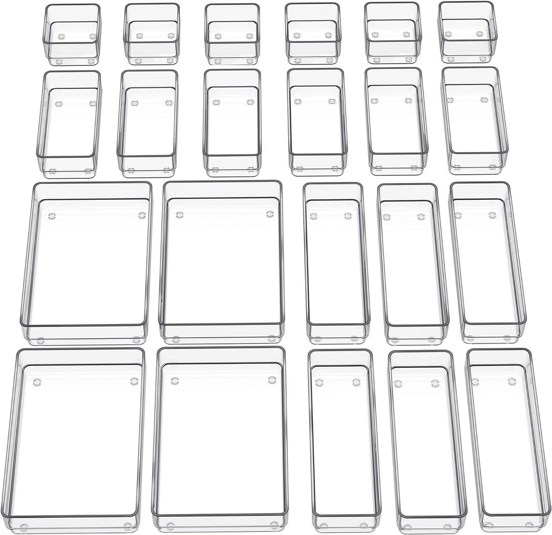 SMARTAKE 22-Piece Drawer Organizer with Non-Slip Silicone Pads, 4-Size Clear Desk Drawer Organizer Trays Storage Tray for Makeup, Jewelries, Utensils in Bedroom Dresser, Office and Kitchen, Clear (Large)