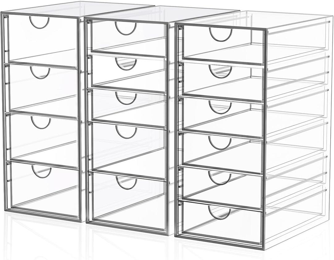 Acrylic 3 Pack Desk Organizers and Accessories, Makeup Organizer Storage With 15 Drawers, Desk Organizers, Dustproof Drawer Organizer and Storage for Make Up, Jewelry, DIY Pen
