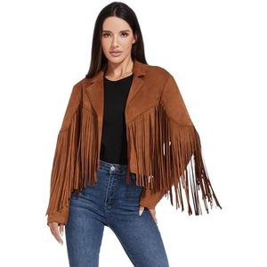 Fahsyee Women's Fringe Leather Jackets - Suede Faux Motocycle Biker Cropped Coat Vegan Blazer Pleather Fashion Tassel M