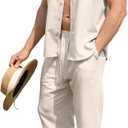 URRU Men’s 2 Piece Linen Outfit Summer Beach Short Sleeve Button Down Shirt and Pants Set, Khaki, Size: L