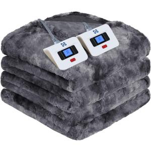 Sealy Electric Blanket Queen Size, Faux Fur & Flannel Heated Blanket with 10 Heat Setting & 1-12 Hour Auto Shut Off, Fast Heating Blanket, Machine Washable, Grey, 84 x 90 Inch