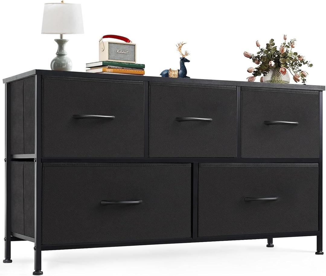  Dresser for Bedroom with 5 Drawers, Wide Chest of Drawers, Fabric Bedroom Dresser with Drawer Organizer, Storage Organizer Unit with Fabric Bins for Closet, Living Room, Hallway, Classic Black