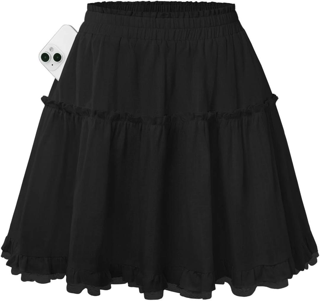 Kate Kasin Women Cotton Mini Skirts with Shorts Underneath, Ruffle Lace Skirt Flowy, Tiered Skorts with Pockets XXL
