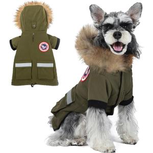 PINA Small Dog Coats - Waterproof Winter Jacket, Warm Cold Weather Coat with Faux Fur Hood and Reflective Pocket 2XL (Chest 25.5"), Olive Green