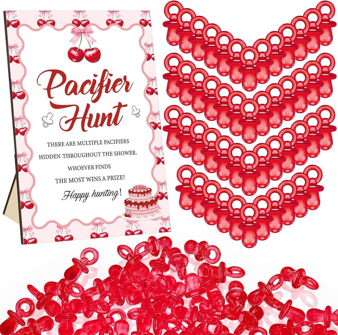Thyle 51 Pcs She's Our Cherry on Top Theme Baby Shower Games Red Cherry Pacifier Hunt Include Hunt Sign and 50 Acrylic Pacifiers for Baby Shower Game Decoration Gift Sets Gender Reveal Party Decor, Red