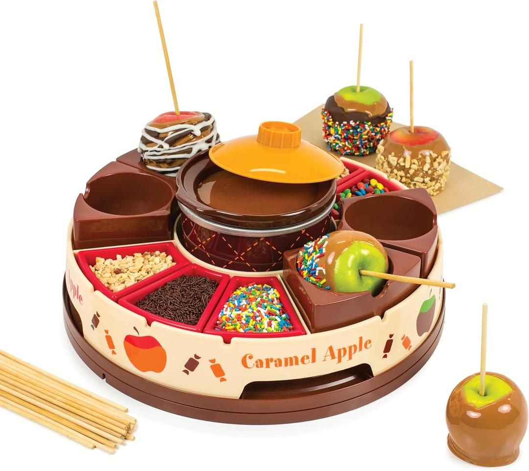 Nostalgia Chocolate & Caramel Fondue Pot, 25 Sticks, Fondue Machine with Decorating and Toppings Trays, Brown, one size