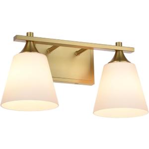 Brass Bathroom Vanity Light Fixtures, 2 Lights Traditional Gold Vanity Lighting Fixture with Opal Glass Shade, Porch Wall Mount Light Fixture for Bathroom, Mirror Cabinets Hallway Stairs, Aged Brass