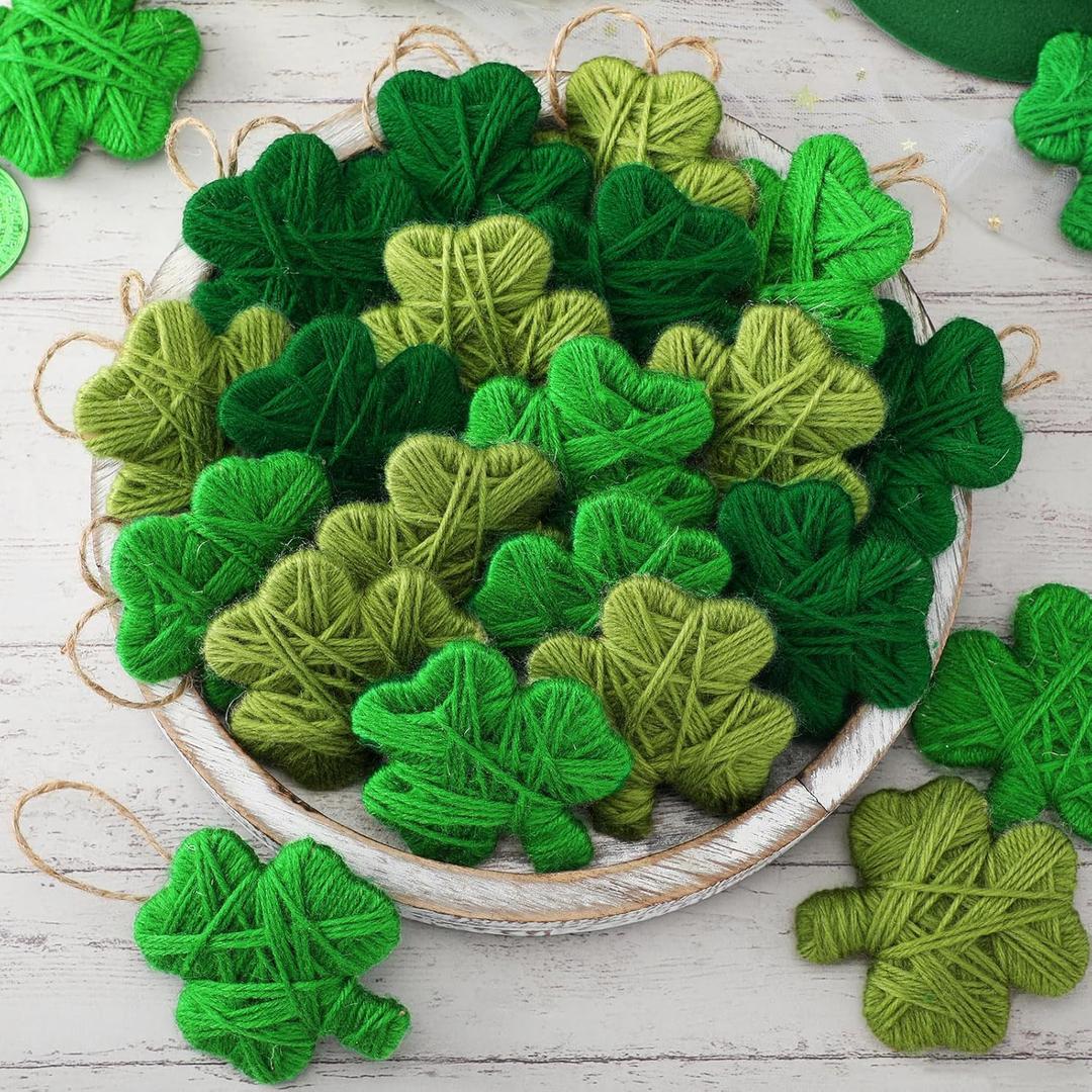 24 Pcs St. Patrick's Day Ornaments Yarn Shamrock Ornaments Handmade Shamrock Vase Fillers Green Irish Tree Decoration St Patricks Day Decorations for Holiday Christmas Tree Home Table Decor