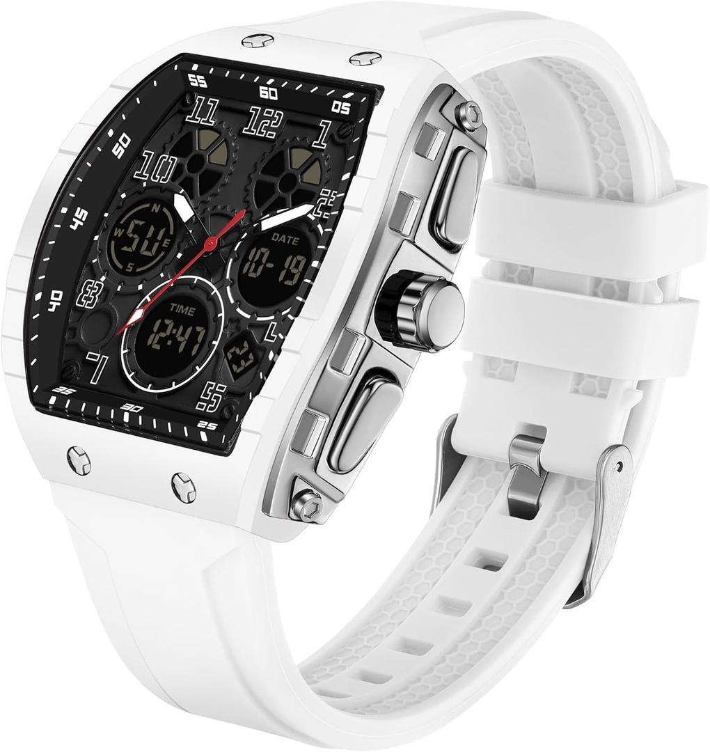 Mens Watches Unique Watches for Men Digital Waterproof Watch Sports Alarm Stopwatch Tonneau Design Punk Analog Wrist Watch Calendar Dual Time Display Silicone Band