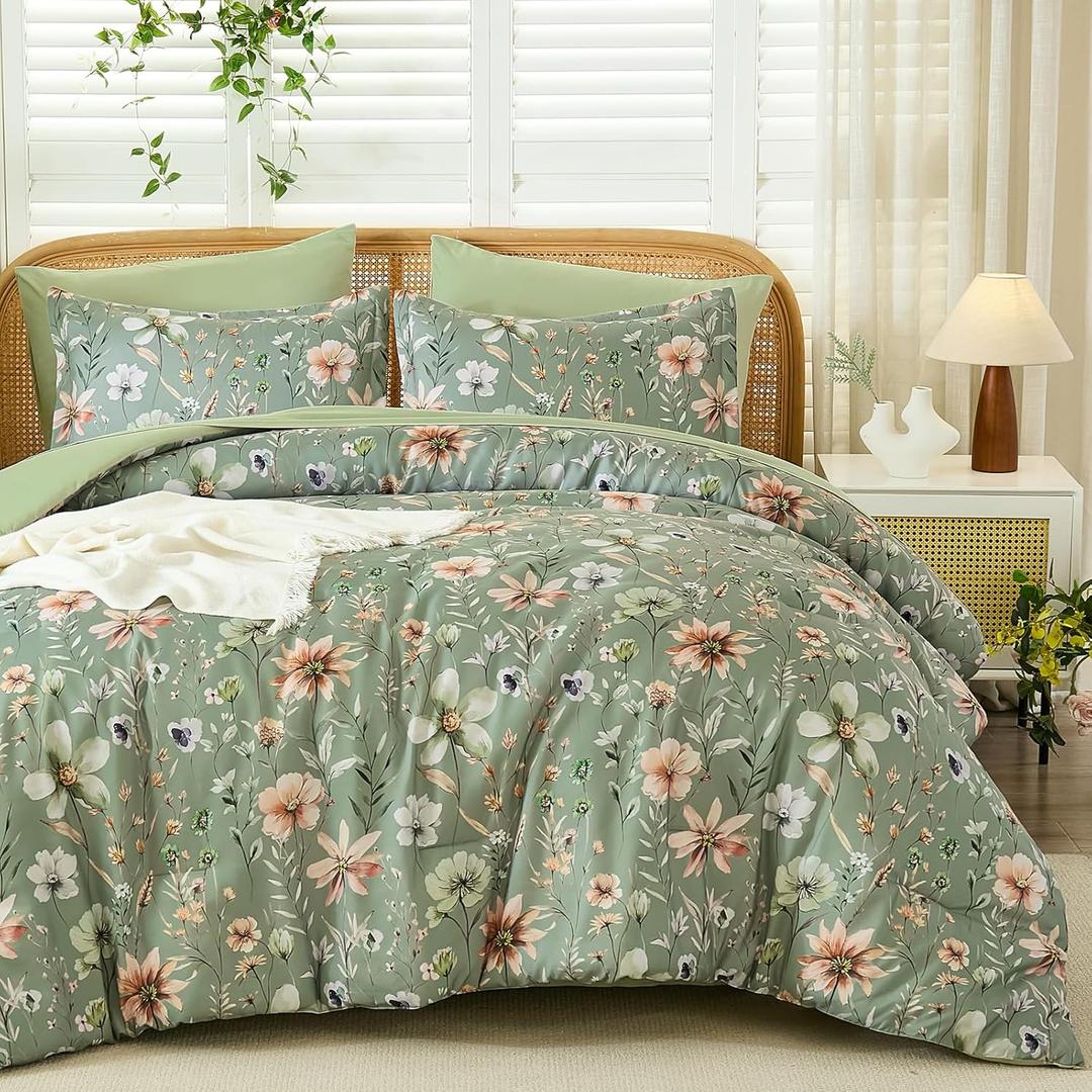 Luxudecor King Floral Comforter Set 7 Pieces,Sage Green Floral Comforter with Sheet Set,Flowers Leaves Pattern Bed in a Bag,Soft Microfiber Bed Set 104"x90"