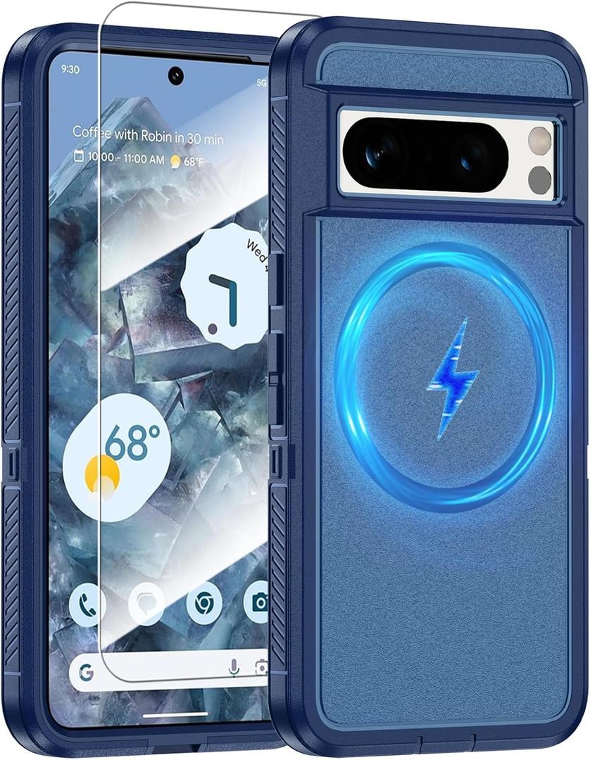 Magnetic Case for Google Pixel 8 Pro [Dual Layer Military-Grade Protection] [Screen Protector] [Compatible with MagSafe Wireless Charging] Heavy Duty Rugged Shockproof Protection Cover, Blue