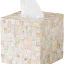 5.9 Mother of Pearl Tissue Box Cover for Kleenex and More Handcrafted Square Tissue Holder with Sliding Bottom Decorative Napkin Dispenser for Bathroom, Bedroom, Kitchen, Office