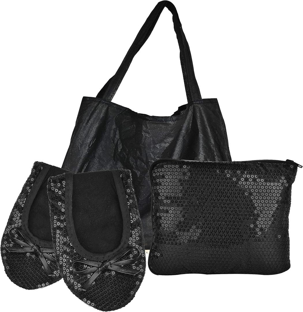 Women's Foldable Flats  Portable Ballet Slippers Shoes for Travel, Wedding  Fits in Purse (XX-Large, Black Sequin+expandable Tote)