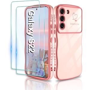 for Samsung Galaxy S22 Case,Curly Wave wirh Cute Heart Pattern Case for Women Girls,Shockproof Edge Bumper,Full Camera Protective Case,Pink (Galaxy S22(6.1 IN))