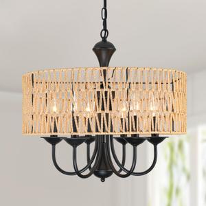 Rattan Farmhouse Chandeliers, 6-Light 22" Wide Boho Pendant Light, Hand Woven Wicker Rustic Chandeliers for Dining Room, Kitchen Island, Living Room, Bedroom, Foyer (Black+Earthy yellow lampshade-6-Light)