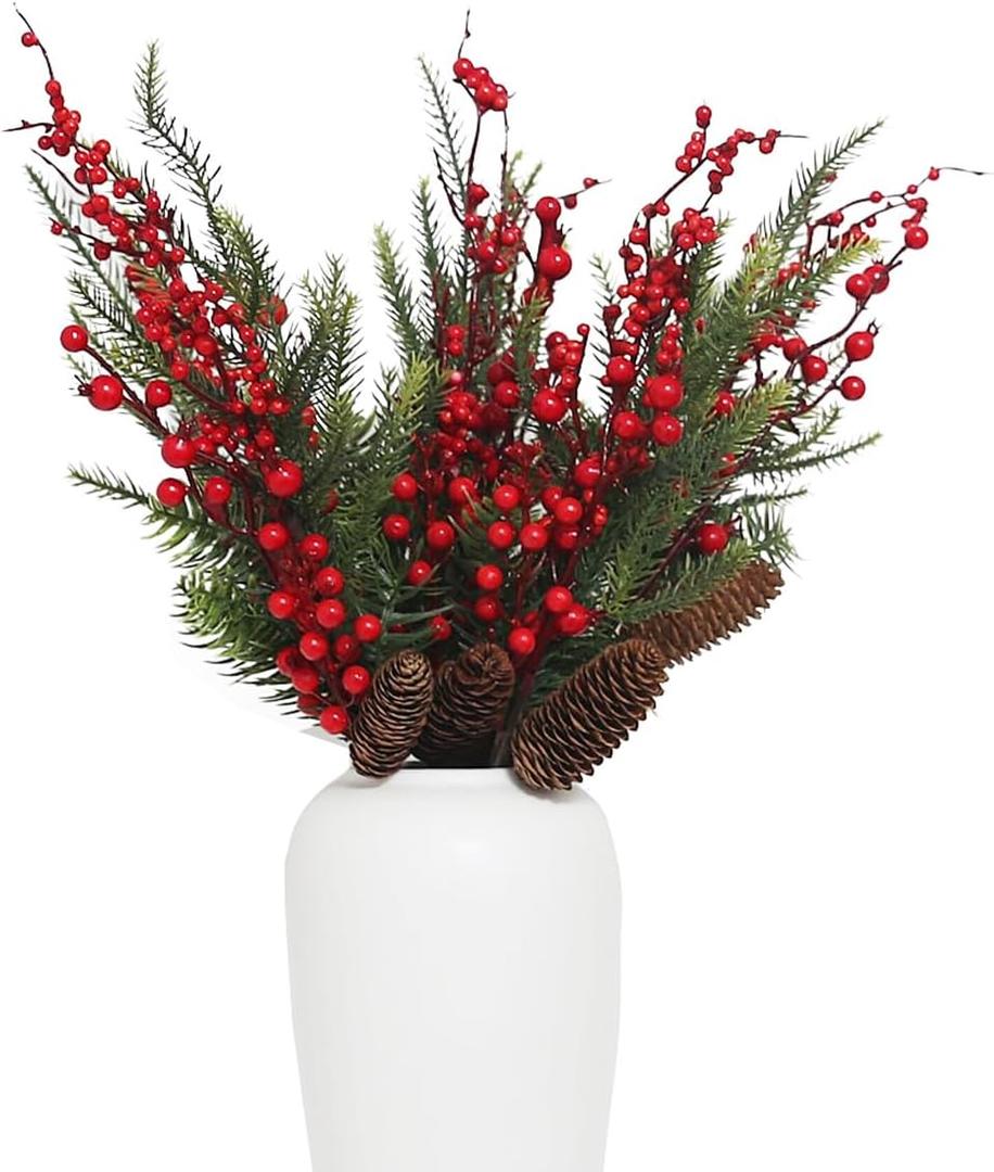6 pcs Christmas Norfolk Pine Branches with Red Berries and Pinecones, 21.6" Fake Greenery Picks and Sprays, Long Christmas Stems for Vases Decorative Holiday Floral Picks for Home Party Decoration